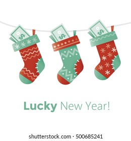 Christmas socks stuffed with money. 
Idea - New year and new successful business year, Good wishes, Luck, Win, Big profit, Future investments results etc.
