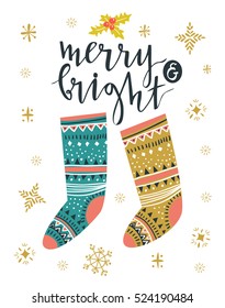 Christmas socks. Template for Greeting Scrap booking, Congratulations, Invitations, greeting card. Vector illustration with isolated christmas poster.