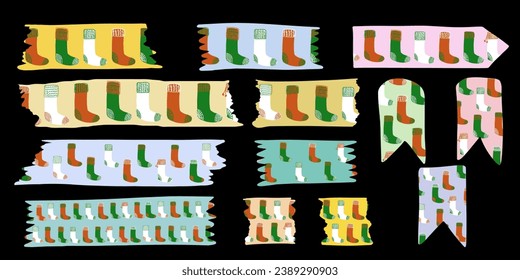 Christmas Socks Torn Washitape Collection. Colorful Washi Tape Stockings Set. Different pieces of paper in retro style. Scrapbook stripes, sticky tags, scotch strip. Isolated Vector Illustration
