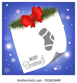 Christmas socks. Christmas tree fir with page curl background on glowing star Blue backgrounds