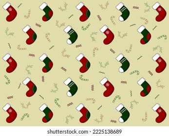 Christmas socks in various colors and patterns. Yellow ackground design with christmas theme