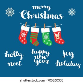 Christmas Socks vector background. handmade inscriptions - christmas, holly, noel, happy new year, joy. holiday. Lettering