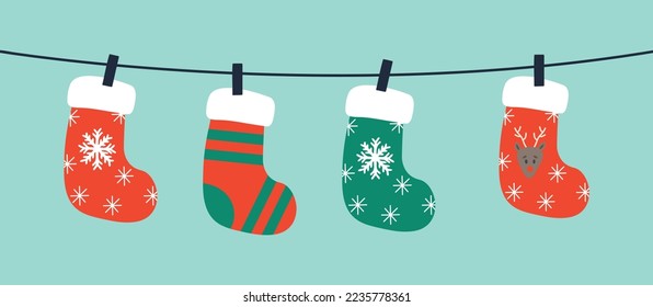 Christmas socks vector background. Various Christmas socks hanging on a rope.
