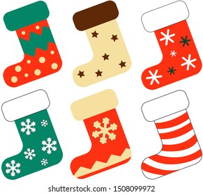 Christmas socks vector illustration. Six colored socks for gifts.
Christmas stockings. Isolated on white background.