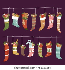 Christmas socks vector Santa Xmas New Year gift traditional Christians symbol illustration different textile design food clothes. Socks Christmas