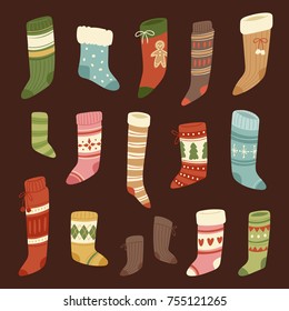 Christmas socks vector Santa Xmas New Year gift traditional Christians symbol illustration different textile design food clothes. Socks Christmas