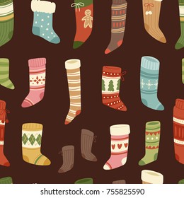 Christmas socks vector Santa Xmas New Year gift traditional Christians symbol illustration different textile design food clothes seamless pattern background
