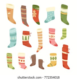 Christmas socks vector Santa Xmas New Year gift traditional Christians symbol sey illustration different textile design food clothes