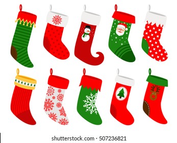 Christmas socks. Vector striped hanging stockings with snowflakes isolated on white background