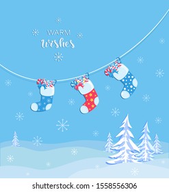 Christmas socks in winter nature. Candy, gifts and snow. Presents. Warm wishes. Holiday sweets and snowflakes. Decoration postcard, poster.
