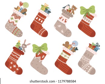 Christmas socks. Xmas stocking or sock with snowflakes, snowman and Santa. Deer and Santas helpers elves on present warm winter stockings and candy strips flat vector isolated icon set