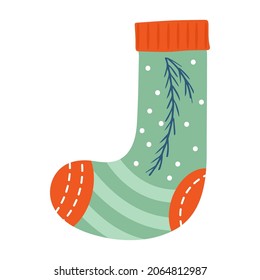 Christmas socks. Xmas stocking or sock with snowflakes. Children clothing with strips. Vector illustration for hand drawn hygge interior decorations. winter holidays trendy flat.