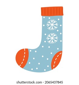 Christmas socks. Xmas stocking or sock with snowflakes. Children clothing with strips. Vector illustration for hand drawn hygge interior decorations. winter holidays trendy flat.