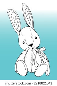 Christmas soft toy hare. Hand drawn vector illustration in grayscale. For illustrations and coloring books.