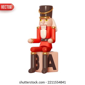 Christmas Soldier Nutcrackers. Xmas toy is soldier sits on cube of letters. Isolated on white background. Realistic 3d character in cartoon style. vector illustration