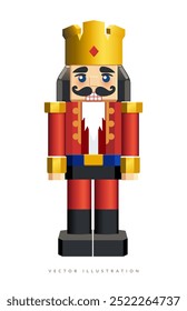 Christmas Soldier Nutcrackers. Xmas toy is soldier isolated on white background. Realistic 3d character in cartoon style, vector illustration