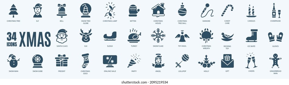 Christmas solid icon set. Vector graphic glyph style pictogram package isolated on white background	