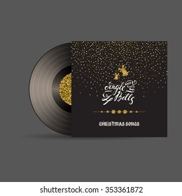 Christmas song. Vinyl record, album with gold glitter elements, sparkle background.