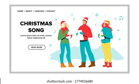 Christmas Song Vocal Performing Singers Vector. Human Singing Tradition Christmas Song. Young Man And Woman Sing Xmas Carol. Characters Performers Choir Web Flat Cartoon Illustration