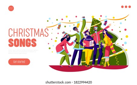 Christmas songs singing landing page template concept with happy diverse people group caroling over christmas tree at xmas eve celebration. Cartoon vector illustration