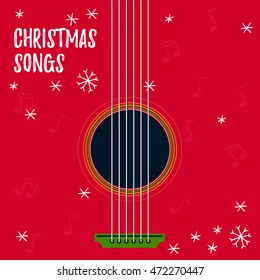 Christmas Songs - Vector Illustration For Disc Cover With Holiday Music. Guitar With Strings And Snowflakes On Background