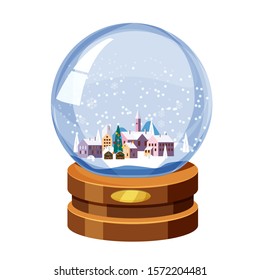 Christmas souvenir snow globe with little town in winter fir-tree. Vector illustration isolated