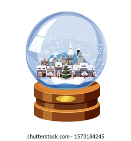 Christmas souvenir snow globe with little town in winter fir-tree. Vector illustration isolated