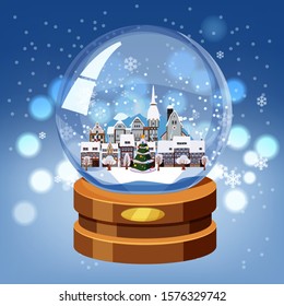 Christmas souvenir snow globe with little town in winter fir-tree. Vector illustration isolated