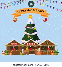 Christmas souvenirs market stalls with decorations souvenirs and bakery. Big Christmas tree Xmas shop with garlands decorations. Christmas wooden gift shops and bakery kiosks vector illustration