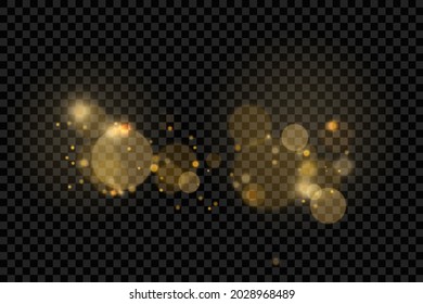 Efecto de luz brillante navideña, partículas mágicas de polvo esparcen sobre fondo transparente, brillo, luces brillantes, chispas de polvo amarillo y brillo de estrella con luz especial, ilustración vectorial.