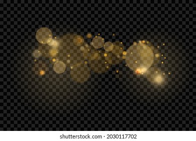 Efecto de luz brillante navideña, partículas mágicas de polvo esparcen sobre fondo transparente, brillo, luces brillantes, chispas de polvo amarillo y brillo de estrella con luz especial, ilustración vectorial.