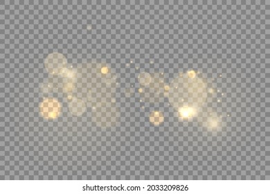 Efecto de luz brillante navideña, partículas mágicas de polvo esparcen sobre fondo transparente, brillo, luces brillantes, chispas de polvo amarillo y brillo de estrella con luz especial, ilustración vectorial.