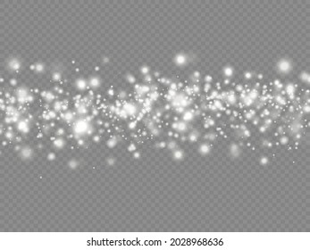 Weihnachtsfunkeleffekt, weißer Staub funkelt und Sternschein mit speziellem Licht, Funkeln, glänzenden Lichtern, zauberhaften Staubpartikeln einzeln auf transparentem Hintergrund, Vektorgrafik.