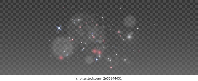 Christmas sparkle and glittering snow with magical glow, golden dust, bright particles, flare flash, and vibrant bokeh, isolated on transparent black background for winter holiday vector card design