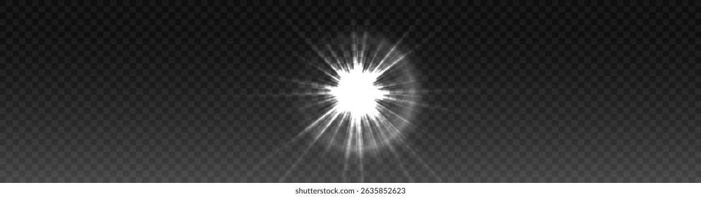 Christmas sparkle with glowing sun, white flash, brilliant shine and fantasy light, holiday beam effect with flare, vibrant background, abstract starburst and magical vector illustration design