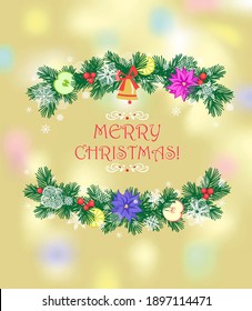 Christmas sparkle gold background with craft paper cutting green conifer branches wreath with jingle bell, poinsettia, apple, lime and snowflakes