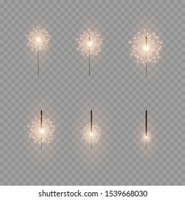 Christmas sparkler. Beautiful light effect with stars and sparks. Festive bright fireworks. Realistic lights isolated on transparent background. Decoration element for celebrations and holidays.