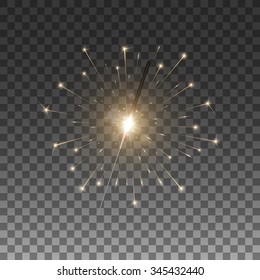 Christmas sparkler, bengal light. Isolated on black transparent background. Vector illustration, eps 10.