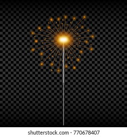 Christmas sparkler. Realistic golden bengal light. Holiday glowing sparkling firework. Vector illustration.