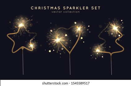 Christmas sparkler set. Star, heart, christmas tree shaped bengal lights. Vector collection for festive cards, banners, backgrounds.