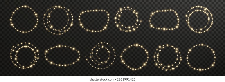 Christmas sparkling bright small lights in gold color.
Vector group of shining wind garlands for your design.
Design element for cards, invitations, business cards, promotions, banners, advertising.