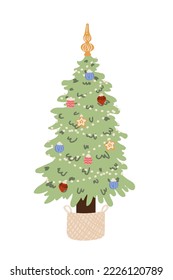 Christmas sparkling bright tree with decorations and gift boxes. Merry Christmas and Happy New Year card. Holiday background. Vector illustration