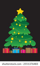 Christmas sparkling bright tree with gift box star on black background. Design of objects, Gift box, surprise gifts. Merry Christmas and Happy New Year. Vector illustration.
