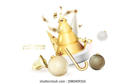 Christmas sparkling bright tree with star. Merry Christmas and Happy New Year. Realistic 3d design of objects, light garlands, bauble ball, Gift box, surprise gifts, gold confetti. Vector illustration