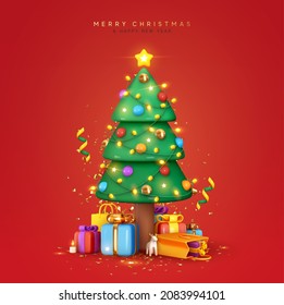 Christmas sparkling bright tree with star. Merry Christmas and Happy New Year. Realistic 3d design of objects, light garlands, bauble ball, Gift box, surprise gifts, gold confetti. Vector illustration