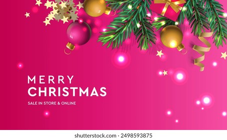 Christmas sparkling decoration border with fir branches and golden decor. Merry Christmas Sale banner. Bright Christmas and New Year design holiday frame, pink colors, vector illustration