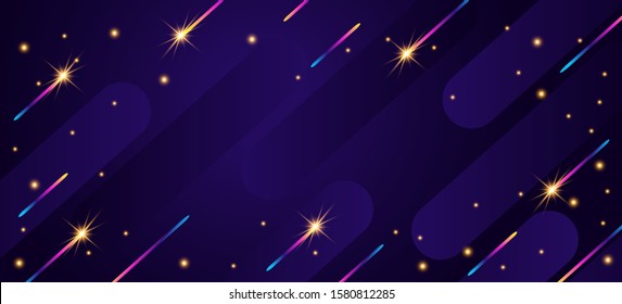 Christmas sparks on dark background. Abstract geometric horizontal background. Modern futuristic style. Banner with chaotic geometric rainbow stripes. 