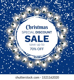 Christmas special discount, offer on holiday gifts, sale promotion. Save up to 70 percent off on sale. Vector garland with lamps on snowy background. Xmas celebration, illustration of advertising
