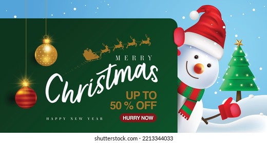 Christmas special offer banner template and greeting banner with reindeer, snowman holding placard doing a thumbs up and snowflakes.