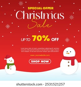Christmas special offer sale up to 70% template with snowman and snowflakes. Vector illustration template for social media promotion, banner and poster.